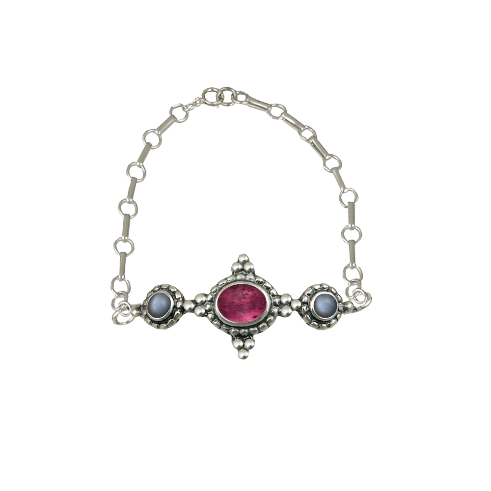 Sterling Silver Gemstone Adjustable Chain Bracelet With Pink Tourmaline And Grey Moonstone